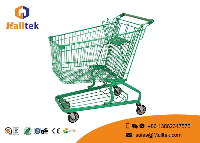 Quality Green Supermarket Shopping Trolley Customized Logo With Coin Lock System for sale
