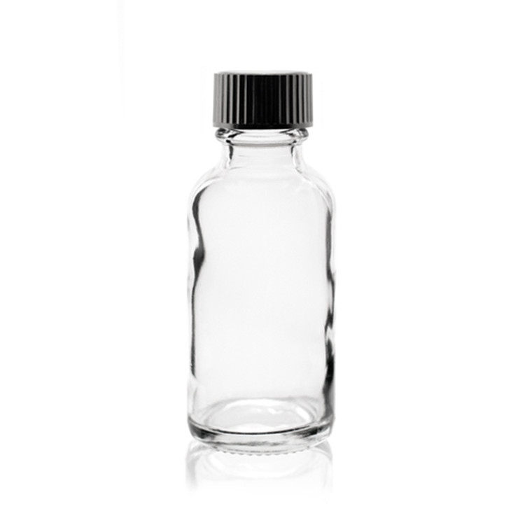 China 1 Oz 30ml Durable Clear Boston Round Bottles With Poly Seal Cone Cap factory