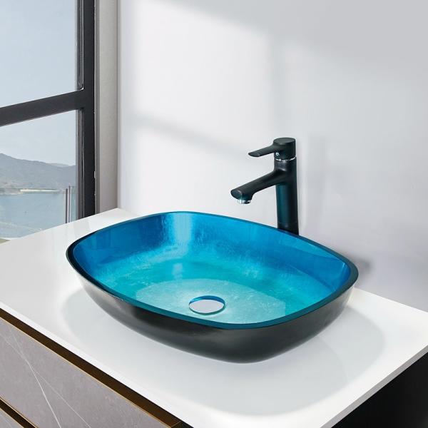 Quality Sky Blue Handmade Rectangular Vessel Sinks Tempered Glass 12mm for sale