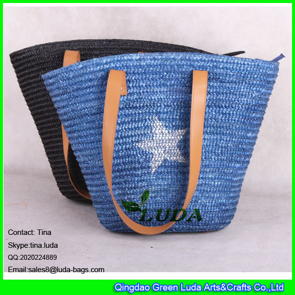 China LUDA 2015 summer wheat straw tote bag navy blue leather handbag factory