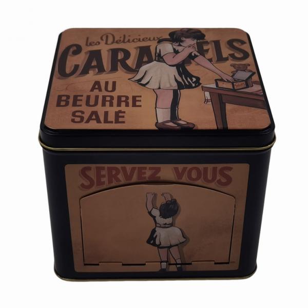Quality Customized Square Caramel Candy Tin Can Hinged Lid Tin Box With Dispenser Opening for sale