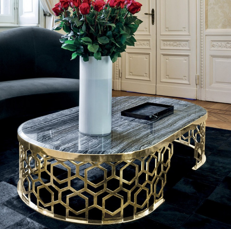 China Luxury Oval Coffee Table Stainless Stain frame Artificial Marble Top for Living Room factory