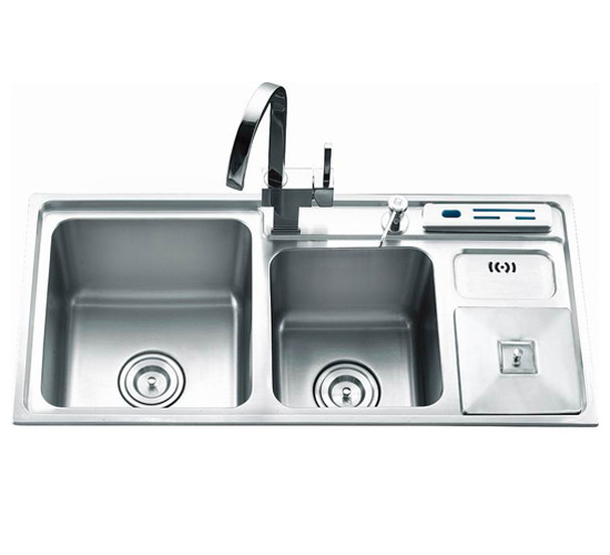 Quality 23cm Stainless Steel Double Bowl Topmount Kitchen Sink With Trash Can for sale