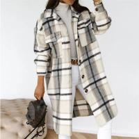 China                  Autumn Winter Coats for Women 2023 Lapel Pocket Long Plaid Shirt Jacket Coat Woolen Fleece Plaid Long Coats for Women              factory