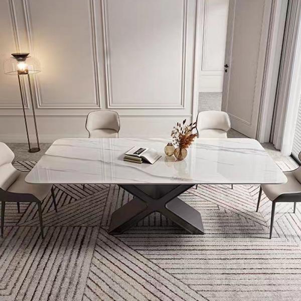 Quality Timeless White Marble Ceramic Dining Table , X Shape Steel Base Dining Table for sale