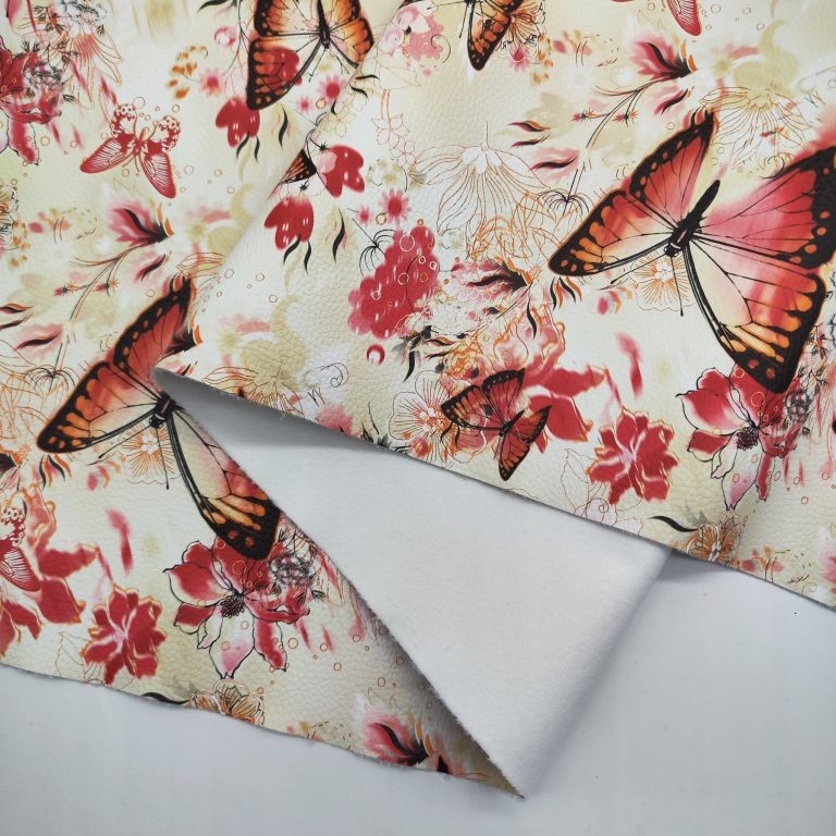 China Printed Colorful Butterfly In Love With Flowers PVC PU Synthetic Faux Leather Material factory