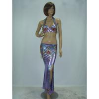 China 2 Pcs Belly Dancer Costume Purple Metallic Maxi Skirt Halter Neck Bra Flower Printing factory