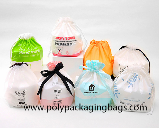 China Frosted CPE White LDPE Ribbon Plastic Drawstring Bags For Snacks Packaging factory