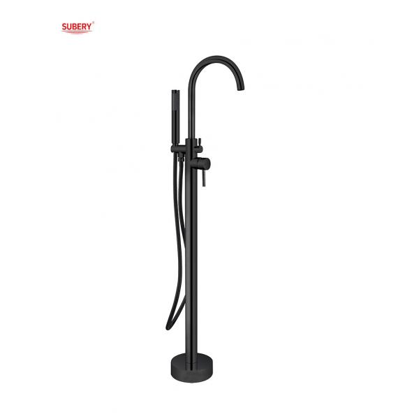 Quality Matt Black Brass Freestanding Bathtub Faucets With Diverter Single Lever Floor Mounted for sale
