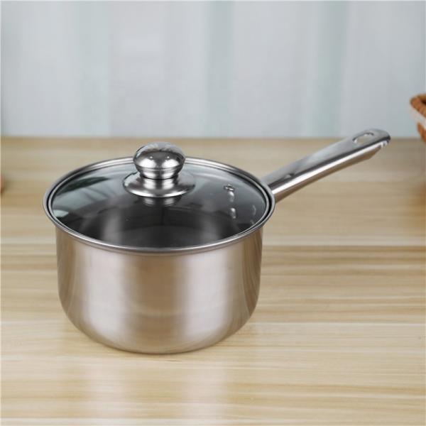 Quality 18cm Long handle stainless steel 410 milk pot cooking cookware with glass lid for sale