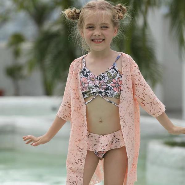 Quality Split Girls Swimming Suits Pink Printed Children'S Swimsuit Lace Shawl Three Piece Bikini for sale