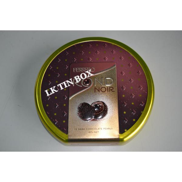Quality Printed Ferrero Chocolate Round Tin Box With Embossing And Wire Hinge for sale