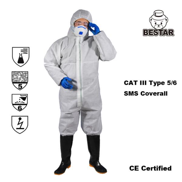 Quality Disposable Type 5/6 SMS White Coverall for Asbestos Removal for sale