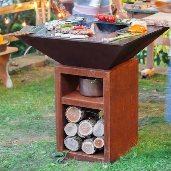 Quality Outdoor Kitchen Tall Base Square Corten Steel Wood Burning Fire Pit Grill for sale