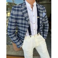 Quality 65% Viscose 32% Pes 3% Elastane Male Suit Jacket Dark Blue Plaid Blazer for sale