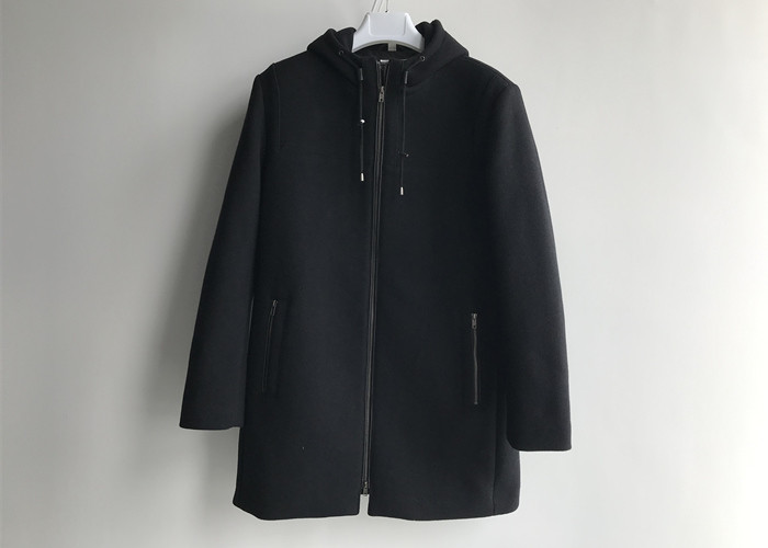 China Hooded Mens Medium Trench Coat / Mens Wool Winter Coat Zip Through Casual Style factory