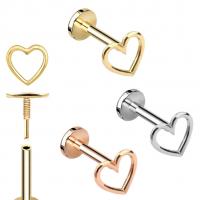 China 14K Gold Outlined Heart Ear Piercing Jewelry Threaded Flat Back Stud factory