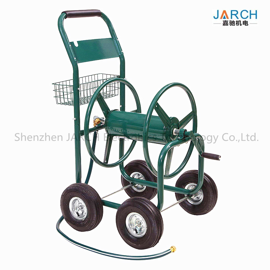 China 4 Wheel Steel Garden Hose Reel Cart 350 Feet Weather Resistant With Non - Slip Handle factory