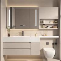 China Cream Butter Style Mirrored Bathroom Vanity Cabinet With Seamless Splicing Basin factory