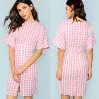 China Fall Apparel For Women Rolled Up Sleeve Wide Waistband Plaid Dress for sale