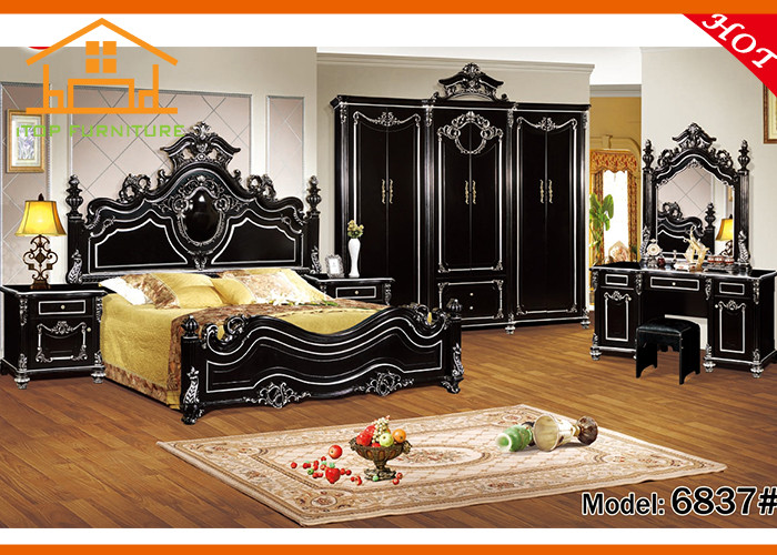 China New fashioned real leather Stylish antique solid wood bedroom sleigh bed Energy saving bedroom furniture sets factory