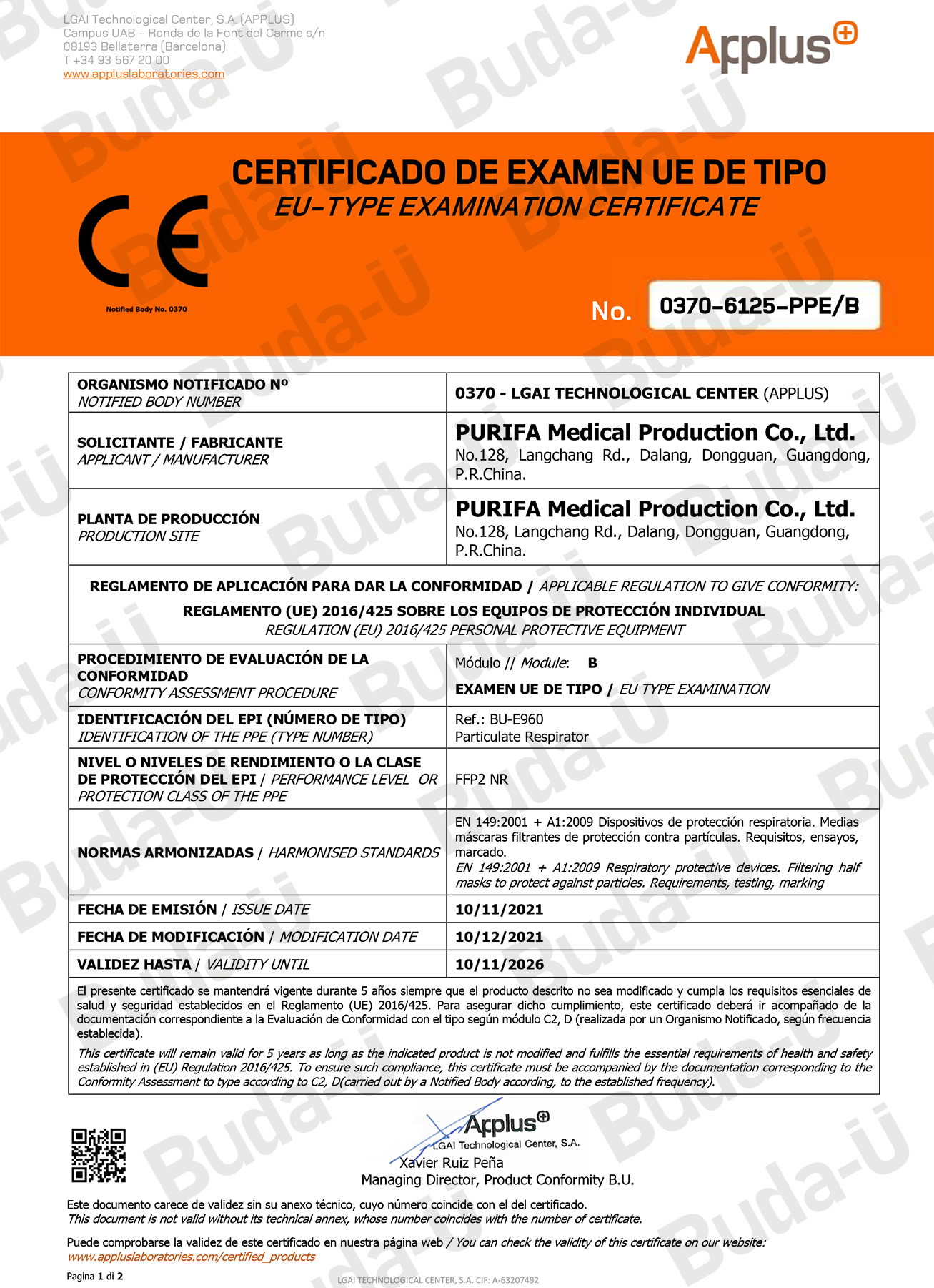 CE 0370 Module B Certificate – 1of 2