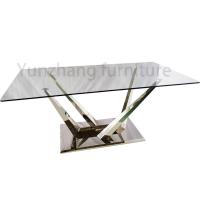 China Silver Color Luxury Modern Dining Tables Glossy Tempered Glass Sophisticated Dining Table factory