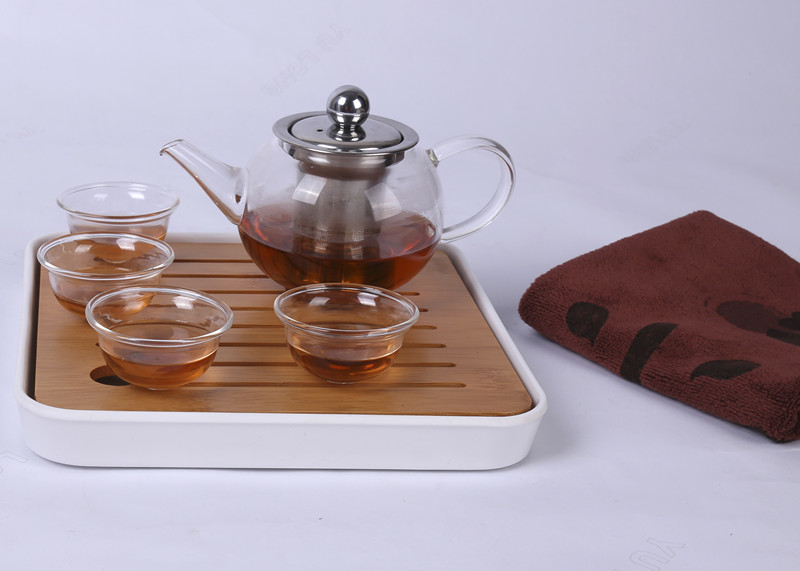 China Portable Travel Glass Tea Set 4 Cups With Bamboo Plate , FDA SGS Listed factory