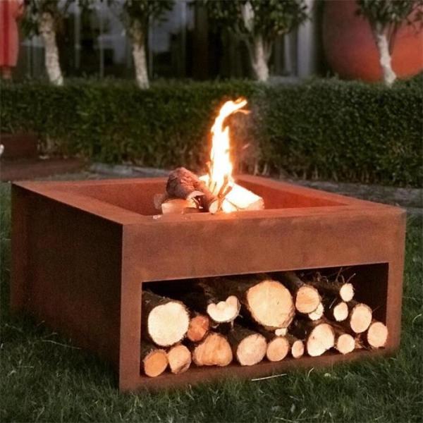 Quality Backyard Rust Finish Wood Burning Corten Steel Cube Fire Pit With Wood Storage for sale