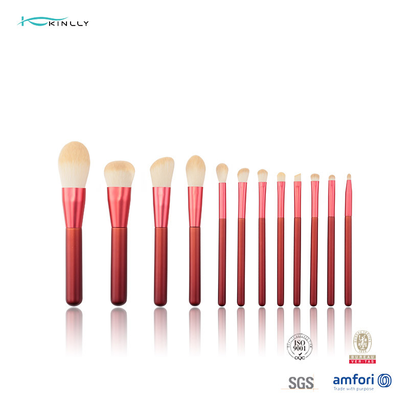 China OEM 12PCS Aluminum Ferrule Full Makeup Brush Set With Red Handle factory