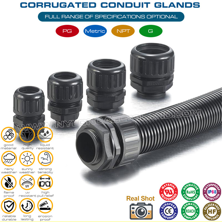 IP68 Waterproof Plastic Corrugated Conduit Glands with PG Thread for AD10-AD54.5 Flexible Tubes