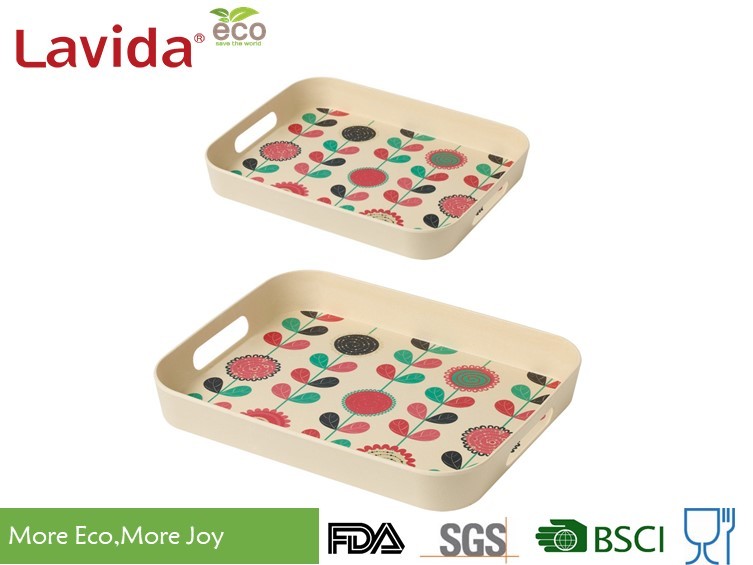 China Food grade Home Professional Use Bamboo fibre Tray Plant Fibre Serving Tray with carrying side handles and decal prints factory
