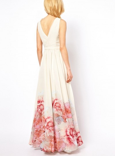 Quality Elegant V Neck Sleeveless Floral Printed Maxi Bohemian Woman Dress for sale