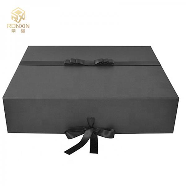Quality Luxury Rectangular Paperboard Foldable Gift Boxes With Ribbon Black for sale