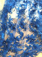 China 3D Rhinestone Beaded Tulle Fabric , Embroidered Royal Blue Lace Fabric For Bridal Gown factory