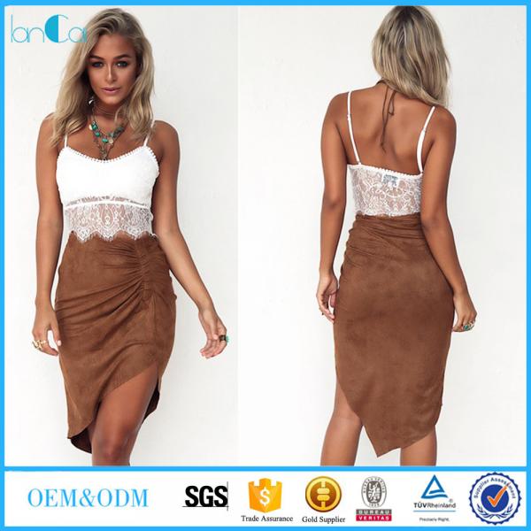 Quality Two piece of dress lace top and suede imitate skirt women summer sets for sale