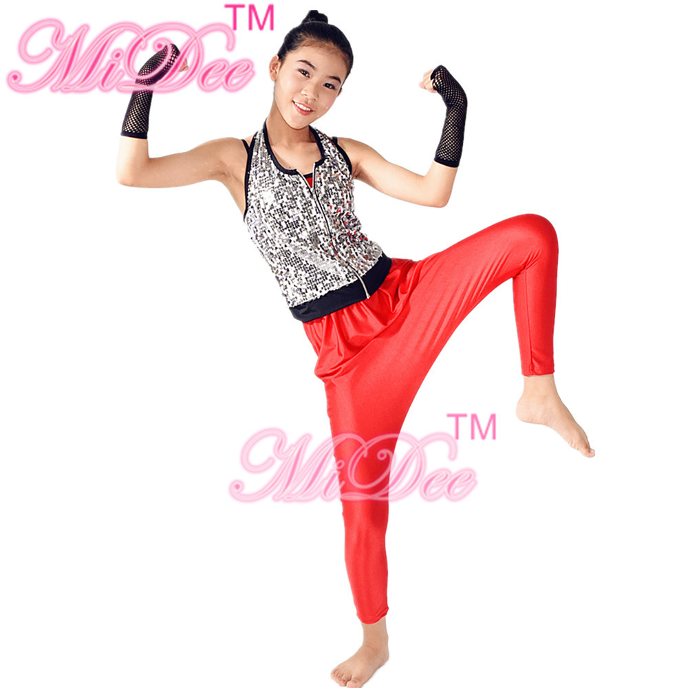 China Sporty Hip Hop Dance Apparel Sleeveless Sequin Bodice Red Leotard With Fingerless Gloves factory