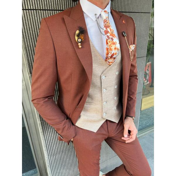 Quality Brown Groom 3pc Tuxedo Suit Mono Collar Slim Cut For New Season for sale