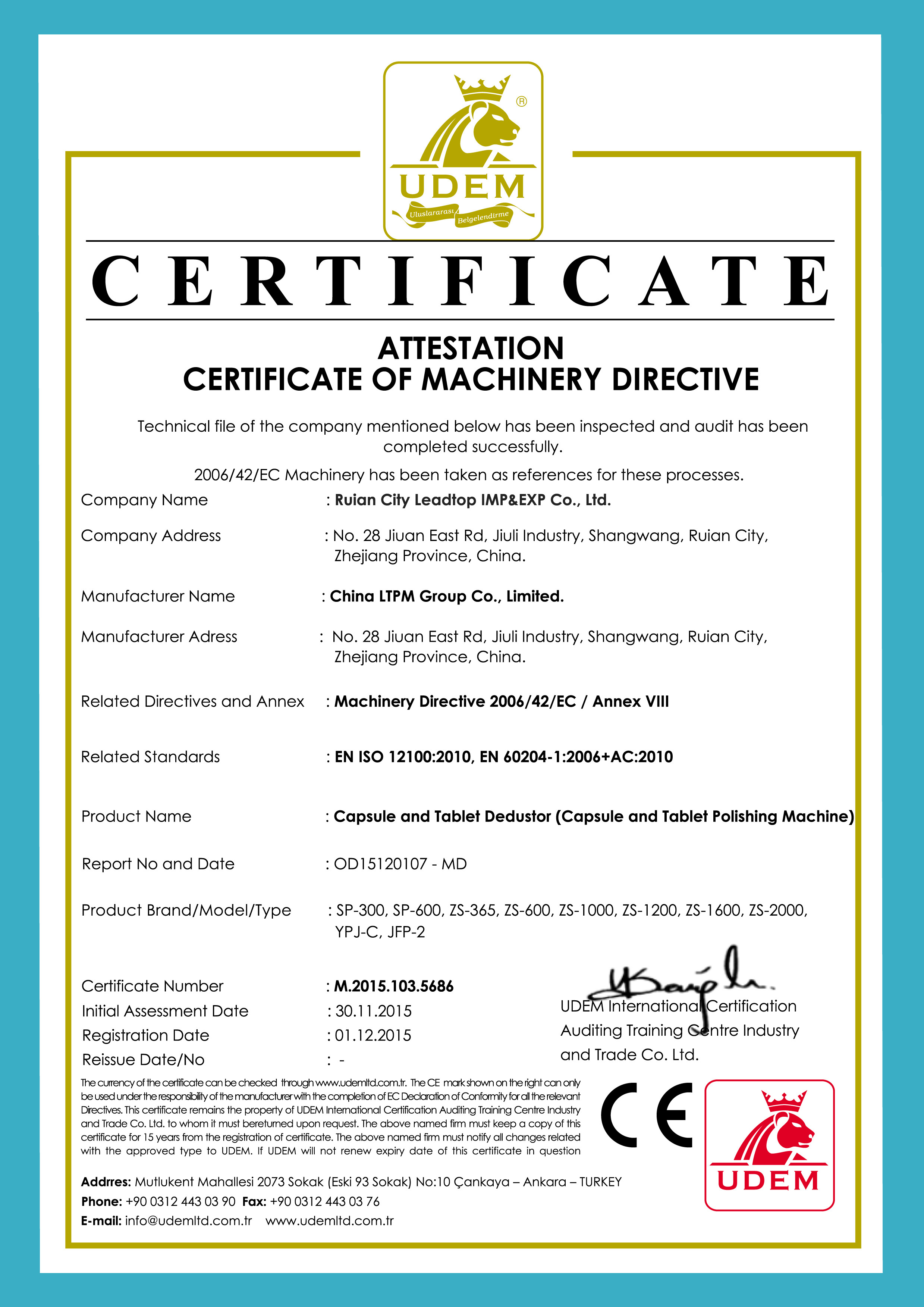 Leadtop Pharmaceutical Machinery Certifications