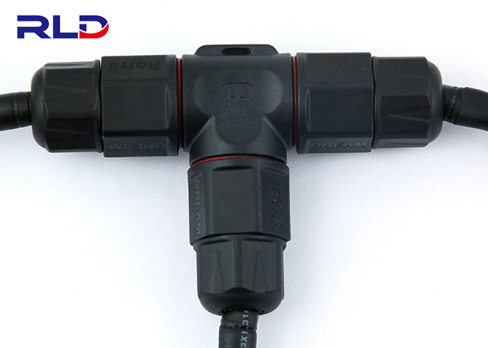China T Type Cable Splitter Connectors Waterproof Plug 3 Way IP68 Power Connector factory