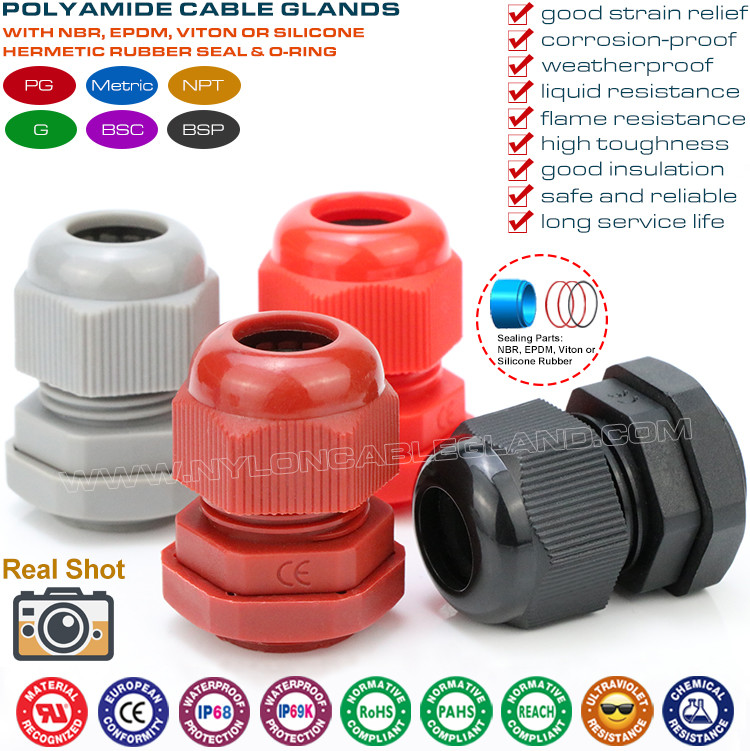 China IP68 Synthetic Plastic Metric Cable Glands, IP69K Watertight Polyamide Nylon Cord Grips Glands with Seals & O-rings factory