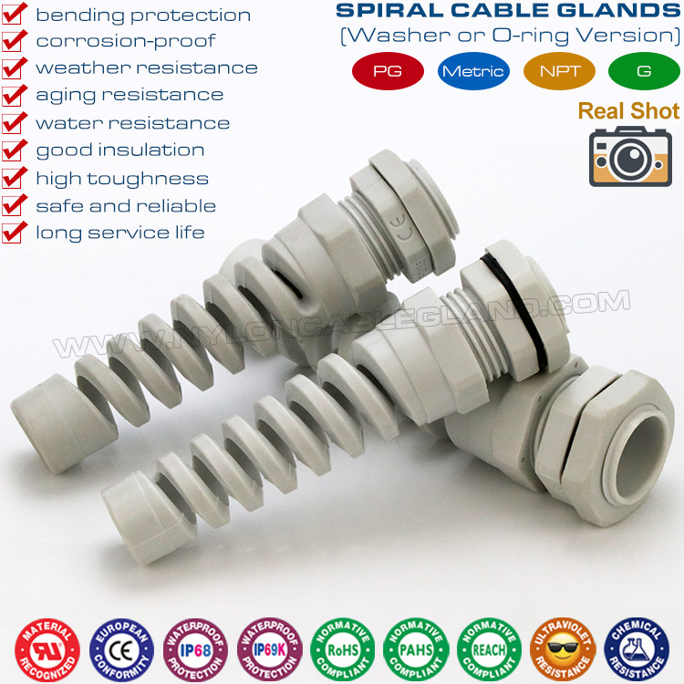 Nylon (Polyamide) Cable Gland, Spiral Type, IP68 Version, PG or Metric Thread, Gray or Black, for Electrical Cabinet