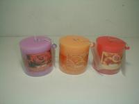China 3x3&quot; Purple,orange &amp; red scented pillar assorted candle packed by pvc sheet and printed label factory