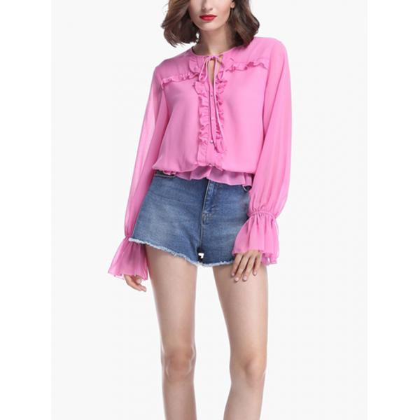 Quality Women Fashionable Long Sleeve Pink Blouse With Ruffles for sale