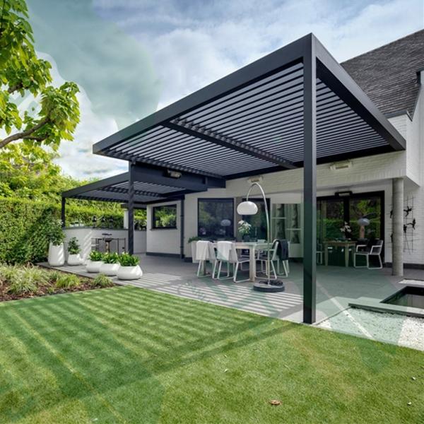 Quality 4x4m 4x3m Aluminum Patio Pergola Canopy Faux Wood Grain Pavilion With Metal Roof for sale