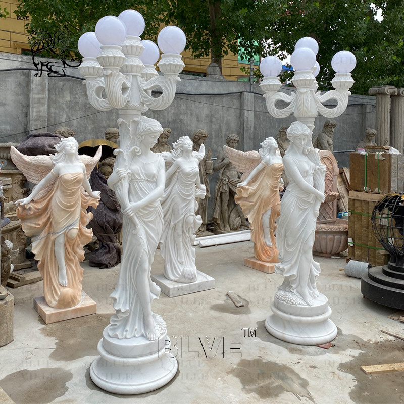 China Marble Woman Sculpture Floor Lamp White Stone Carving Life Size Lady Statue Light Decorative Villa Outdoor Street factory