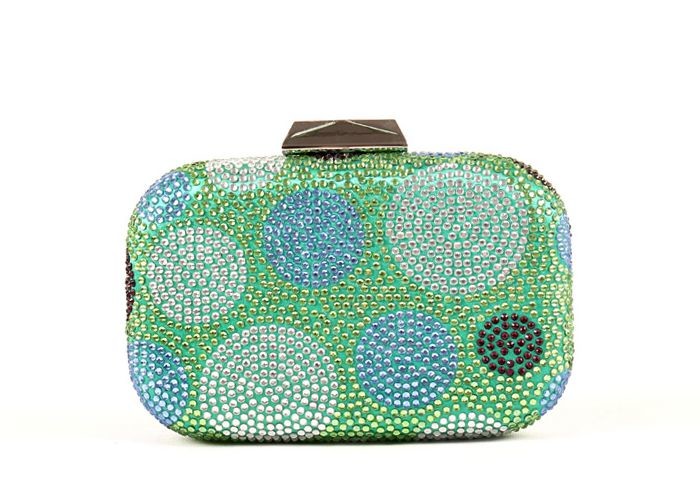 China Hot Fix Green Rhinestone Evening Bags With Decorative Multicolor Dots factory