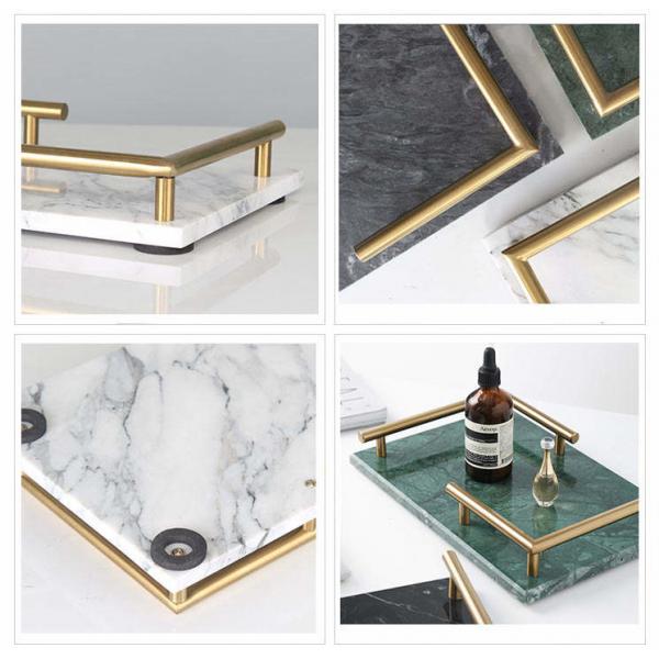 Quality Honed Marble Rectangular Tray With Gold Metal Handle for sale
