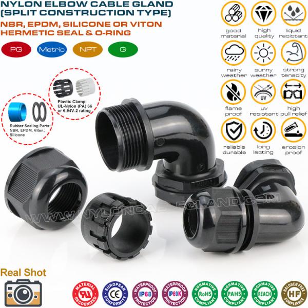 Quality Divided Type Right Angle (90° Elbow) Hermetic Metric Cable Glands IP68 with Locknuts & Flat Gaskets for sale