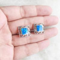 China 925  With Sterling Silver  Greek  Bule  Opal  Meander And Emerald Square Cufflink Earrings factory